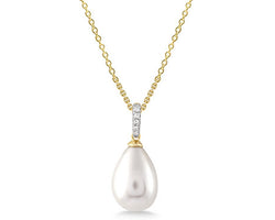 9ct Yellow Gold Diamond And White Pearl Drop Pendant