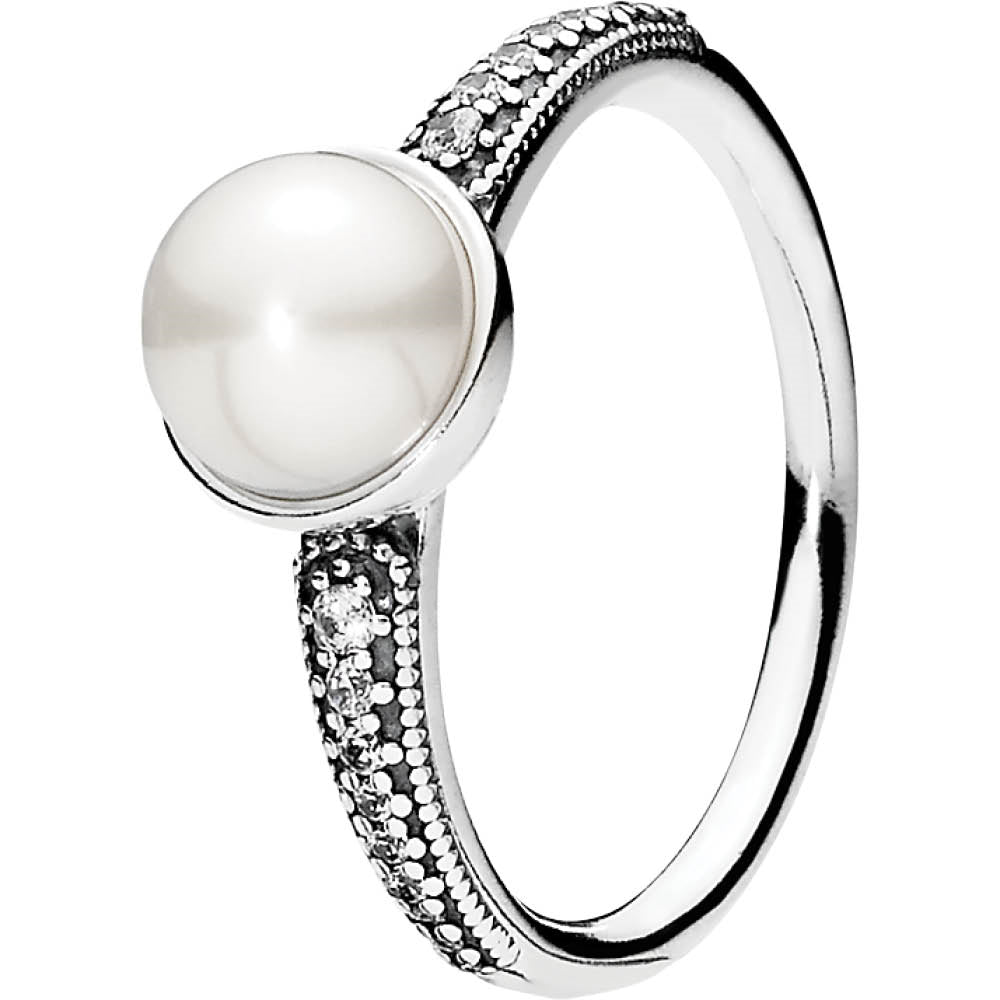Elegant Beauty Silver Statement Ring w White Freshwater Cultured Pearl & Clear C