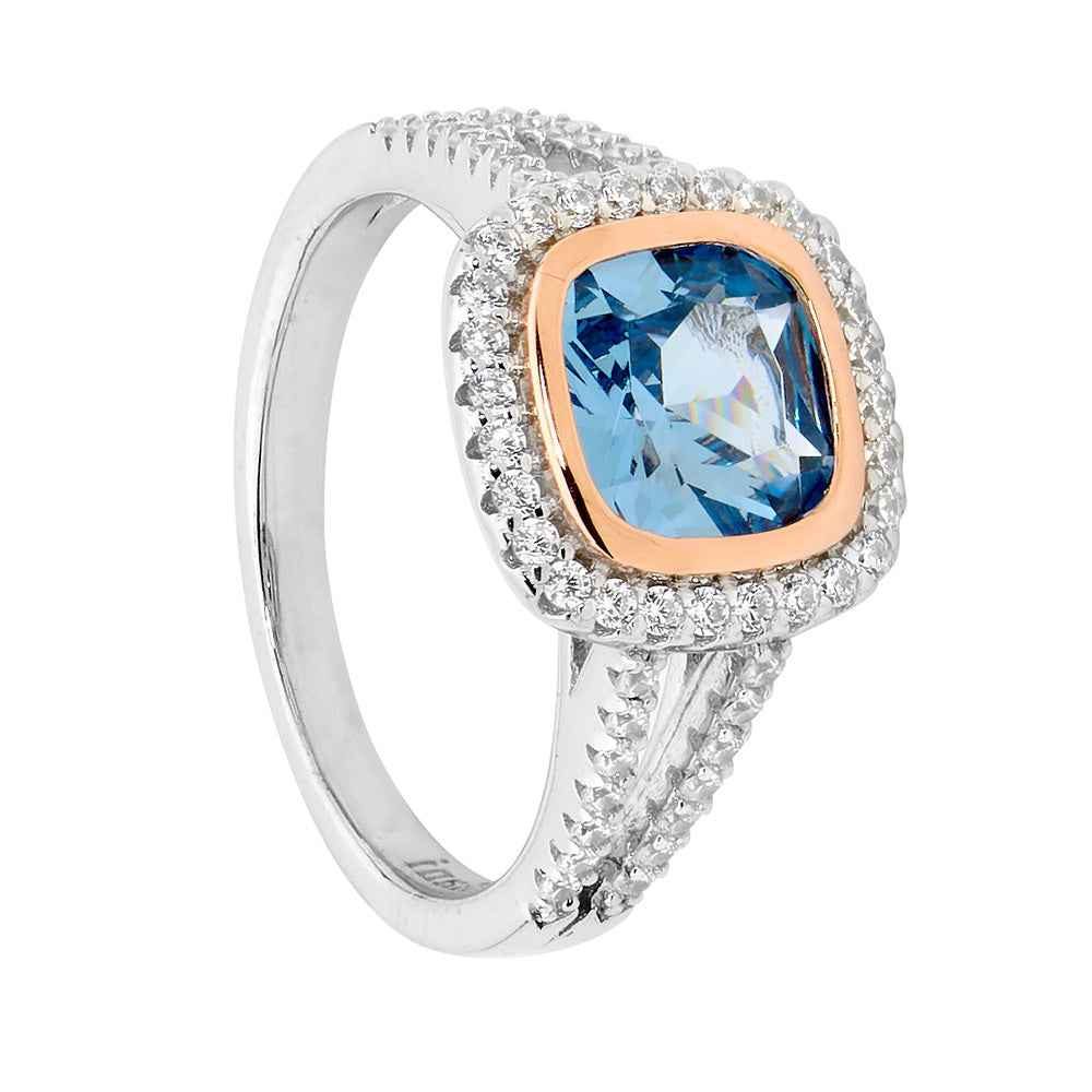 Ellani Silver & Rose Gold Plated Cushion Cut Blue Spinel Ring With Cz Halo