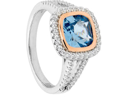 Ellani Silver & Rose Gold Plated Cushion Cut Blue Spinel Ring With Cz Halo