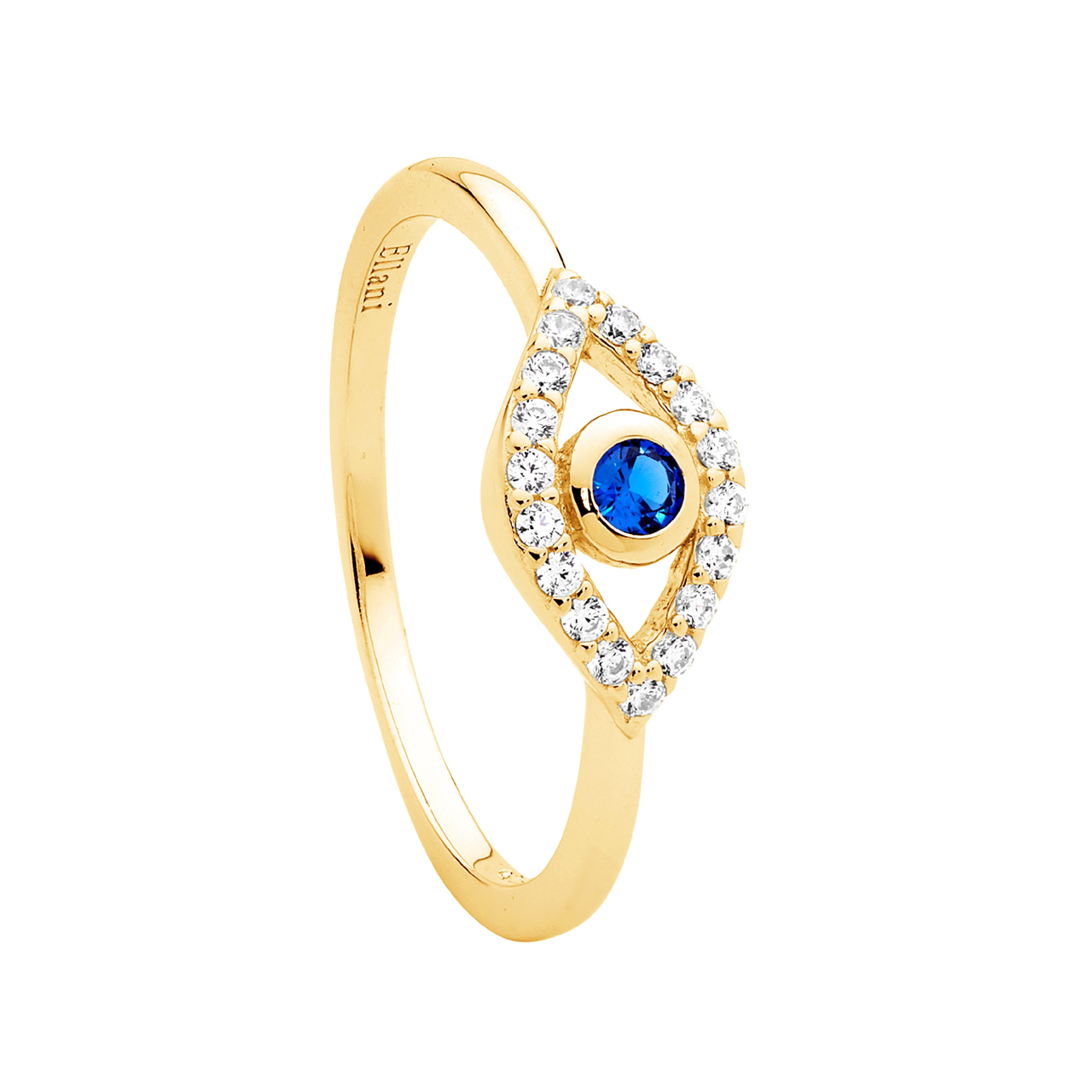 Ss Wh & Blue Cz Bezel Set Evil Eye Ring W/Gold Plating