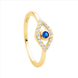 Ss Wh & Blue Cz Bezel Set Evil Eye Ring W/Gold Plating