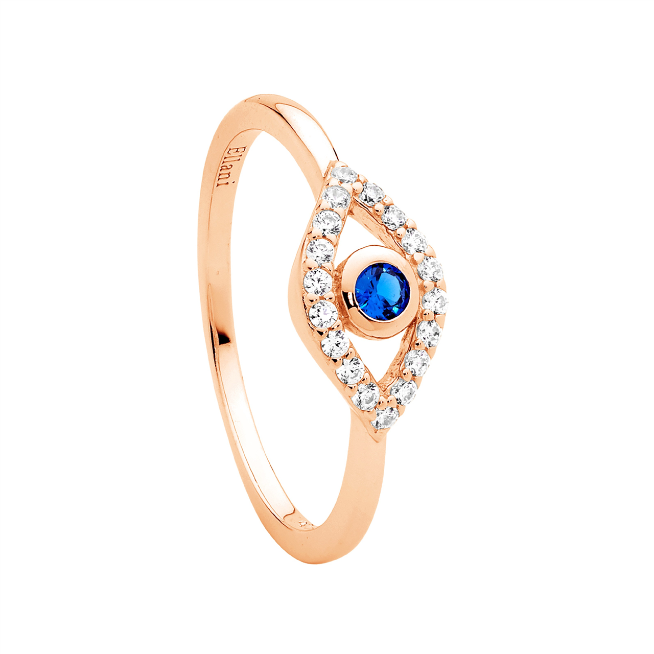 Ss Wh & Blue Cz Bezel Set Evil Eye Ring W/Rose Gold Plating