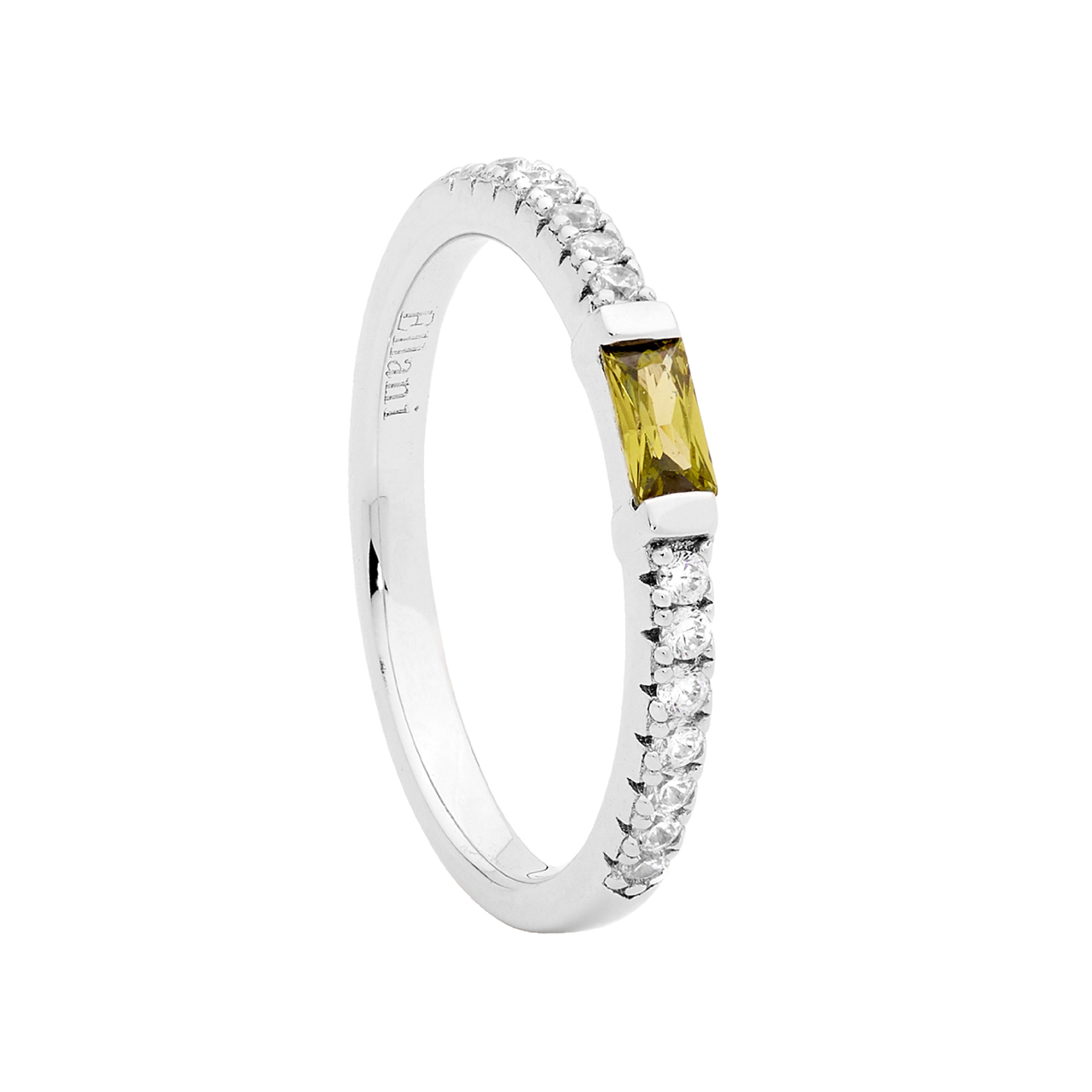 Ss Wh Cz Band W/ Peridot Baguette Cz Ring