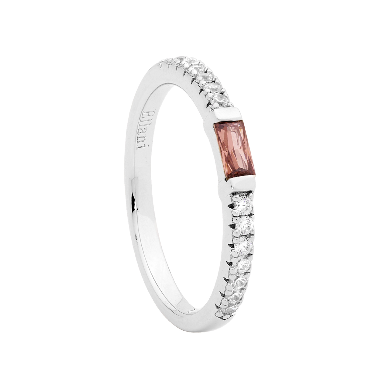 Ss Wh Cz Band W/ Rhodolite Baguette Cz Ring