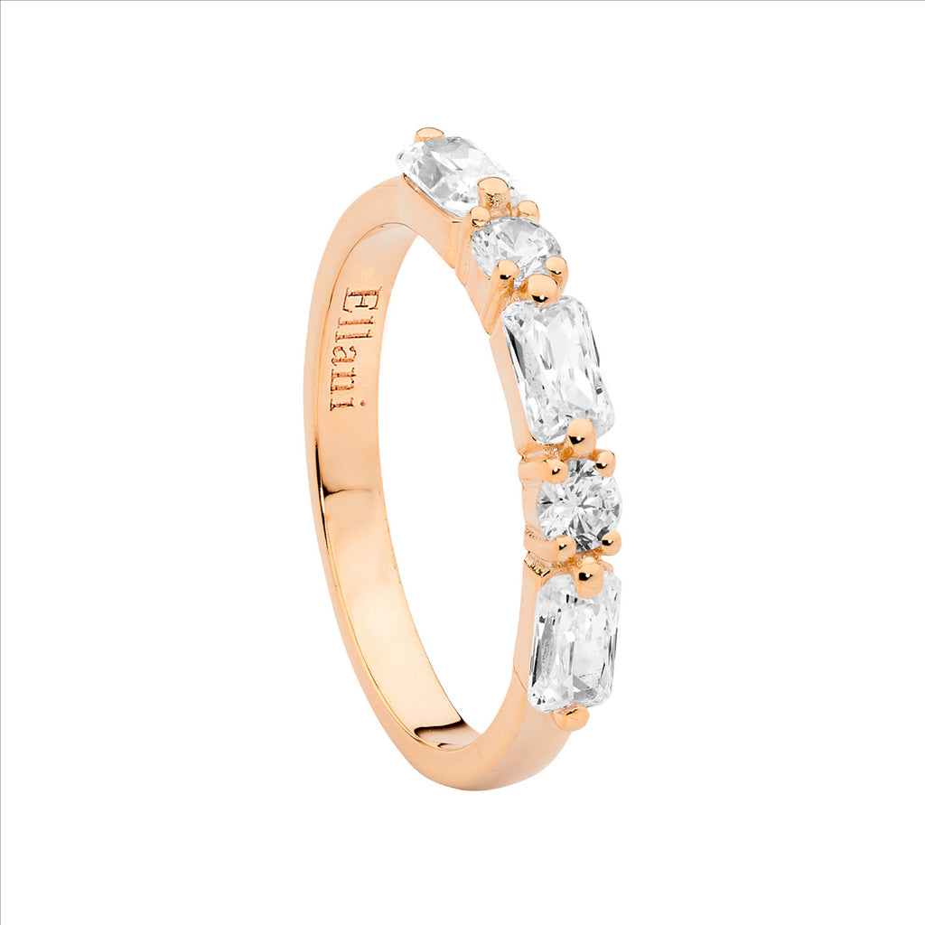 Ss Wh Cz Round & Baguette Ring W/Rose Gold Plating