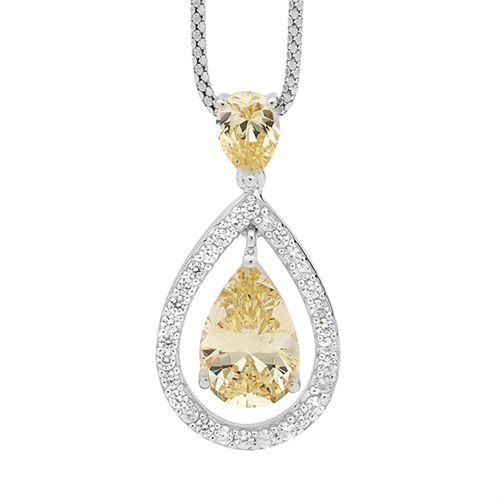 SS Citrine Pear CZ x 2 w/ WH CZ Claw Set Drop Pendant