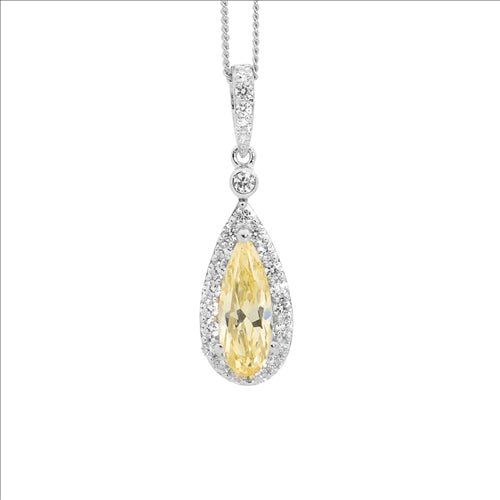 SS Citrine CZ Drop Pear w/ WH CZ Surround Pendant