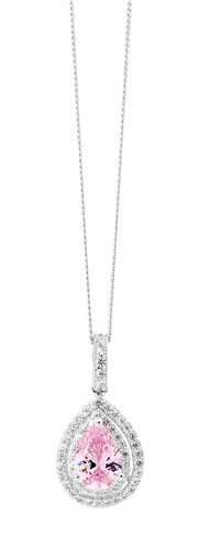 SS Light Pink CZ Pear w/ WH CZ Dbl Halo Surround Pendant