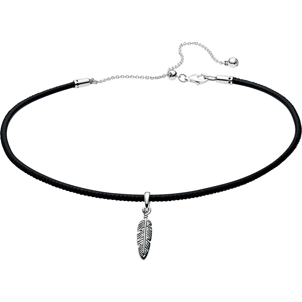 Black Leather Choker W Stg Feather