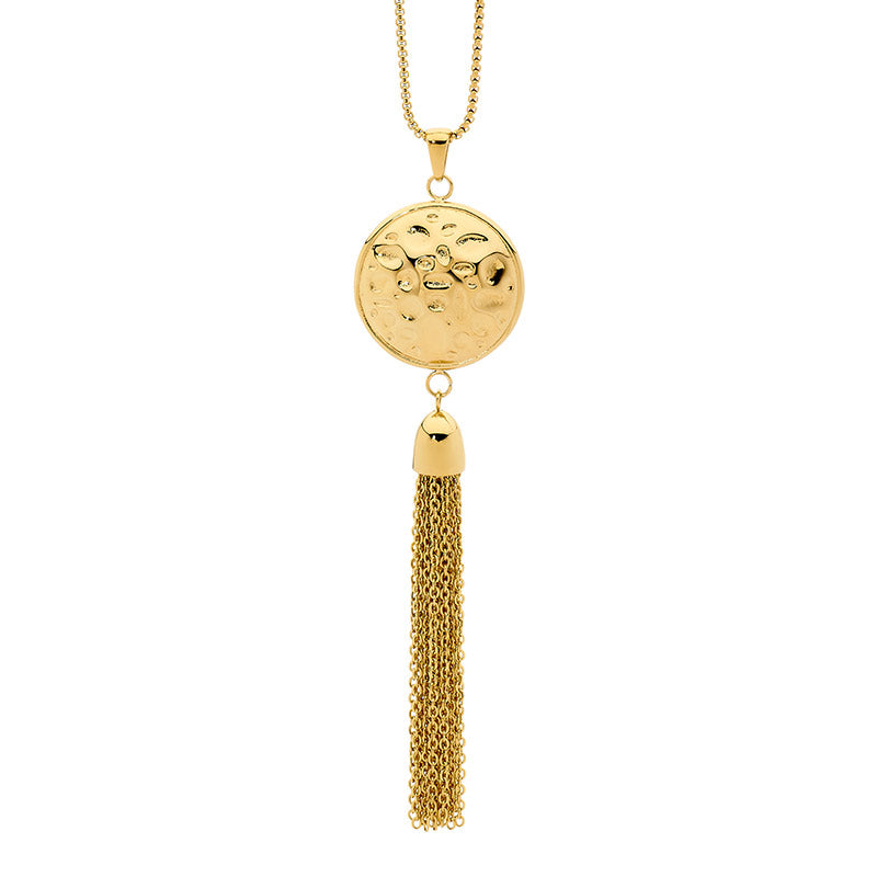 Yellow Gold Plated Disk And Tassel Pendant