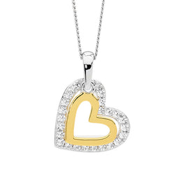 Ellani Silver & Yellow Gold Plated Double Heart Pendant With Cz