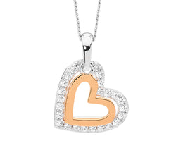 Ellani Silver & Rose Gold Plated Double Heart Pendant With Cz
