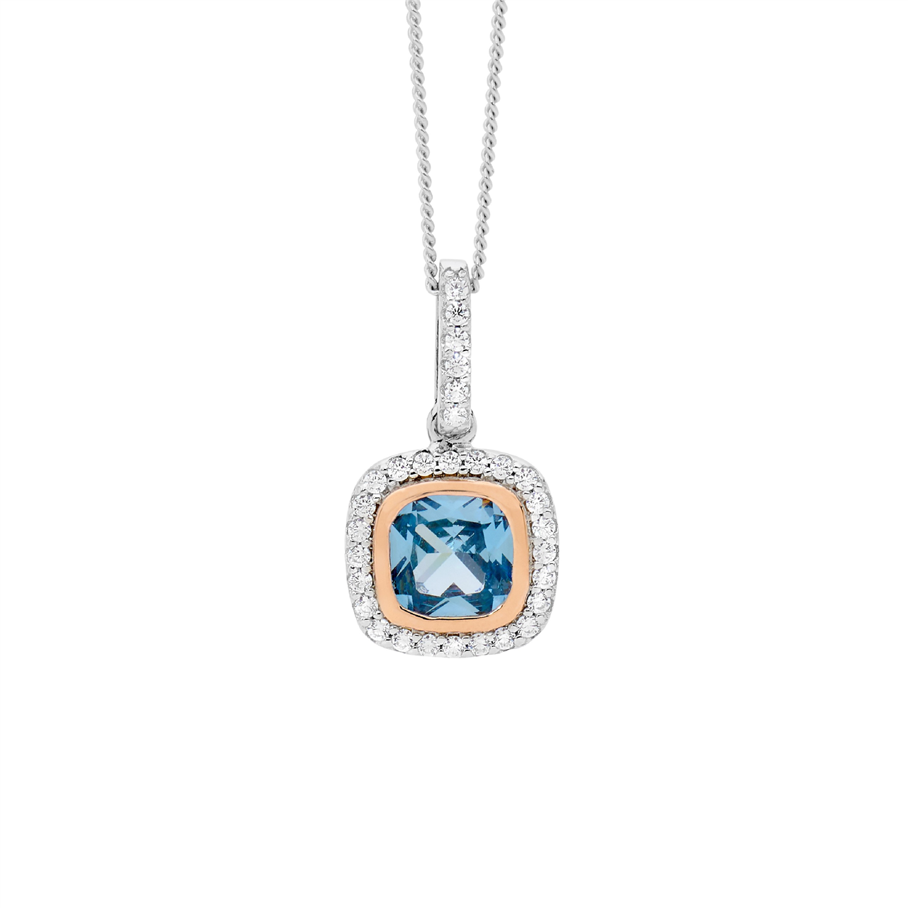 Ellani Silver Blue Cz Drop Pendant With Rose Gold Plated Bezel & Cz Halo