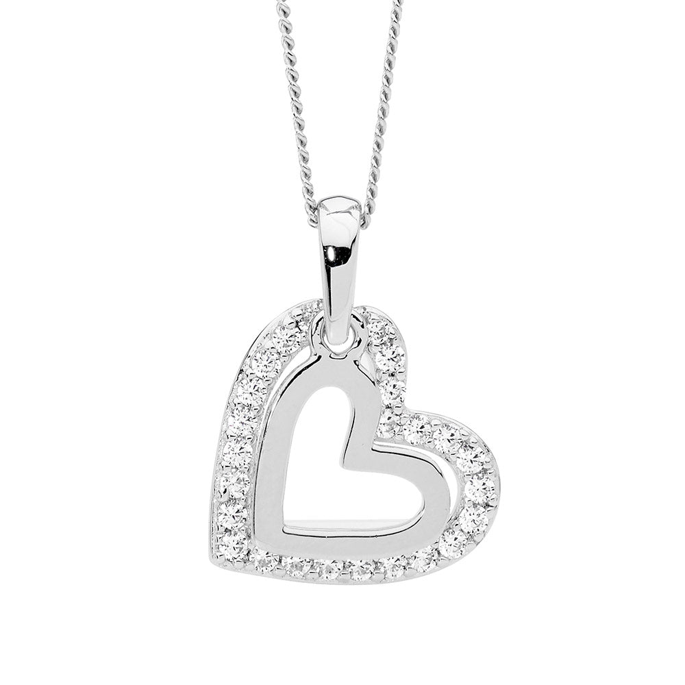 Ellani Silver Double Heart Pendant With Cz