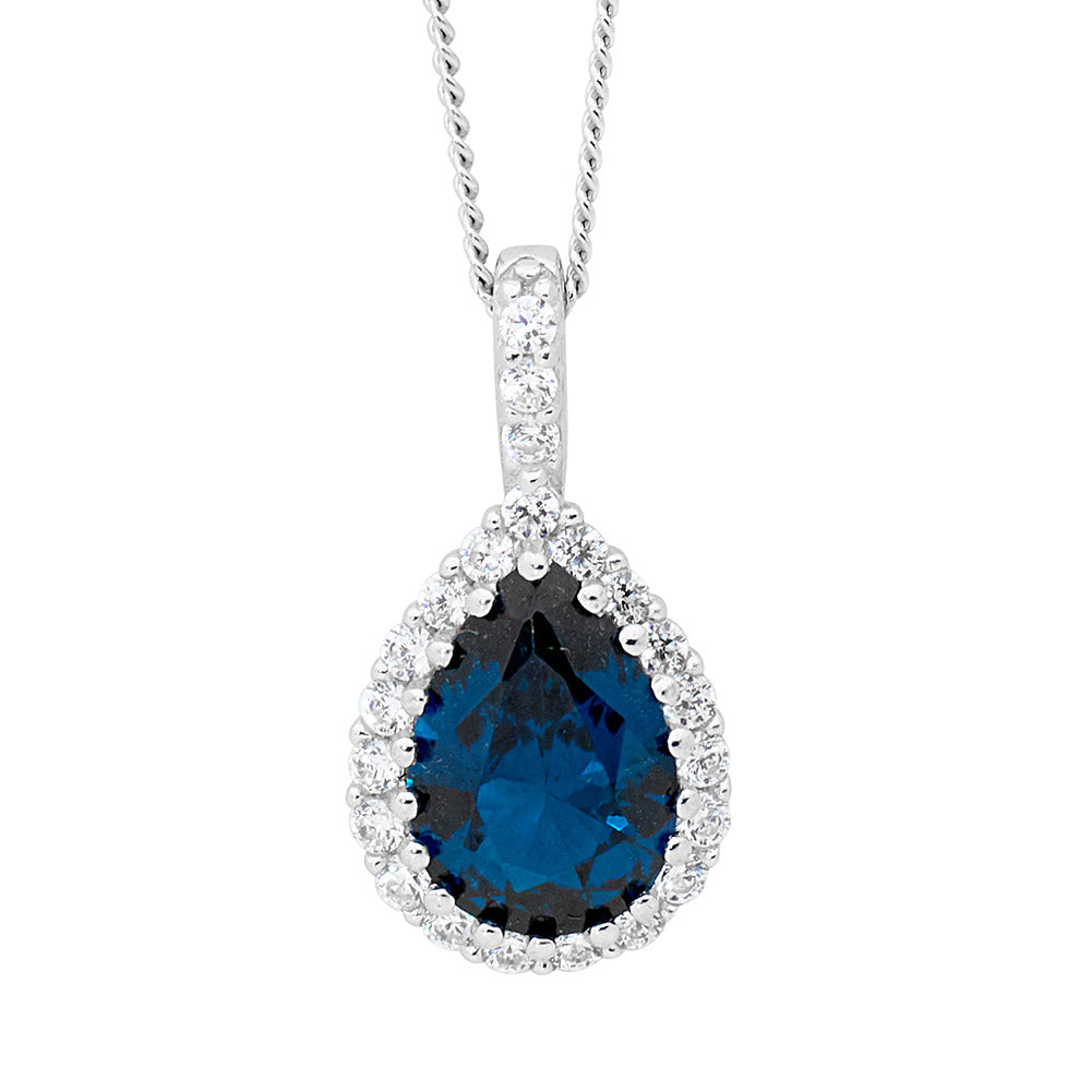 Ellani London Blue Pear Shape Pendnant With White Cz