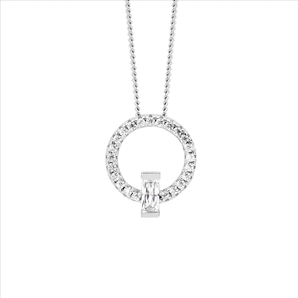 Ss Wh Cz 13Mm Open Circle Pendant W/ Wh Baguette Cz