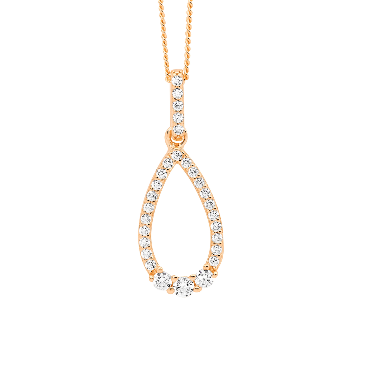 Ss Wh Cz Open Tear Drop Pendant,3X Cz Feature W/Rose Gold Plating