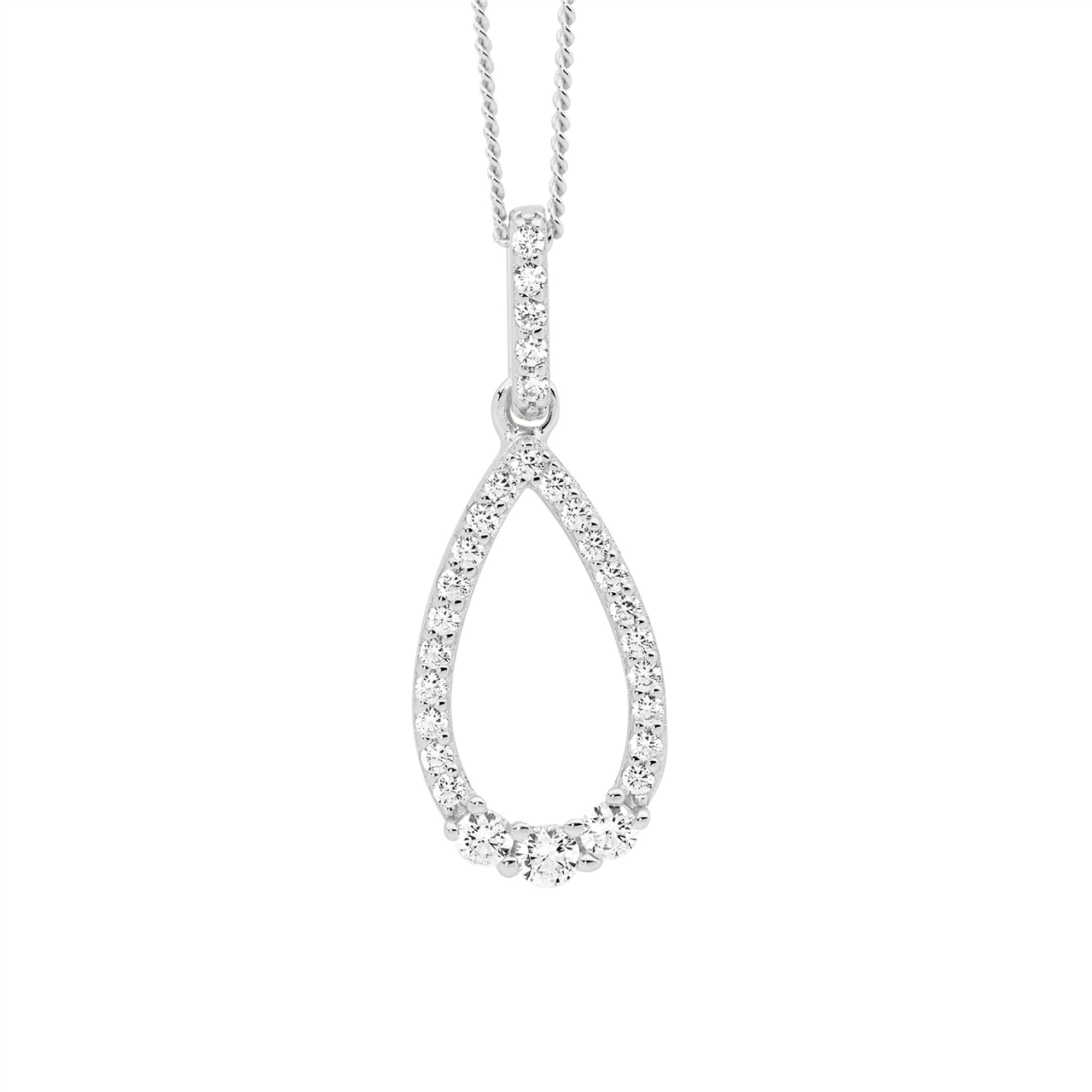 Ss Wh Cz Open Tear Drop Pendant,3X Cz Feature