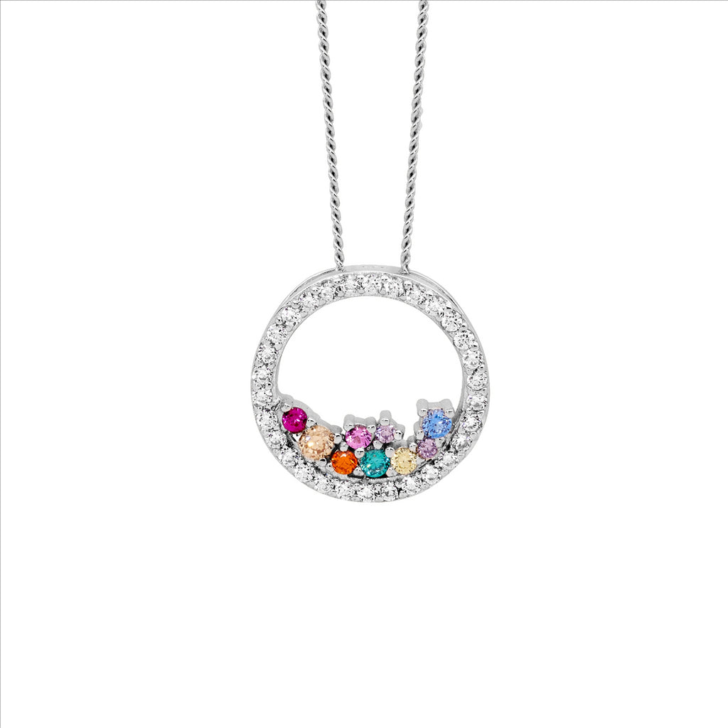 Ss Wh Cz 14Mm Open Circle Pendant W/ Scattered Multi Colour Cz