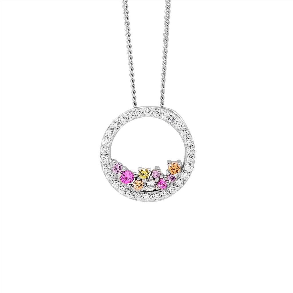 Ss Wh Cz 14Mm Open Circle Pendant W/ Scattered Pastel Colour Cz