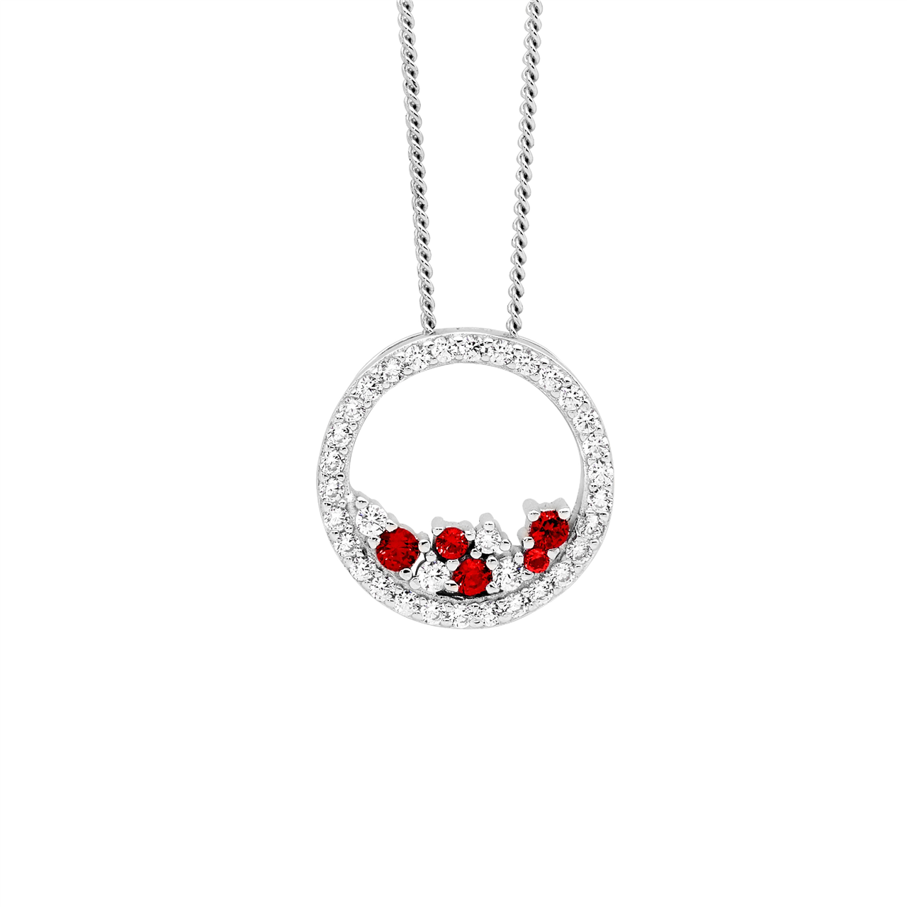 Ss Wh Cz 14Mm Open Circle Pendant W/ Scattered Red & Wh Cz