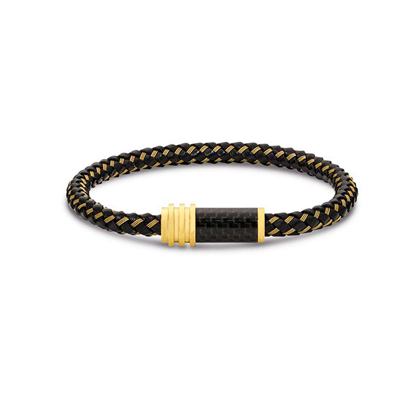 Stainless Steel Gold Plate and Black Leather Cable Carbon Fibre Bracelet