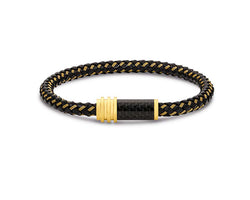 Stainless Steel Gold Plate and Black Leather Cable Carbon Fibre Bracelet