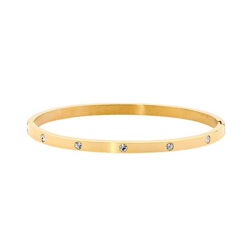 Ellani Yellow Gold Plated Hinged Wide Bangle With Cz
