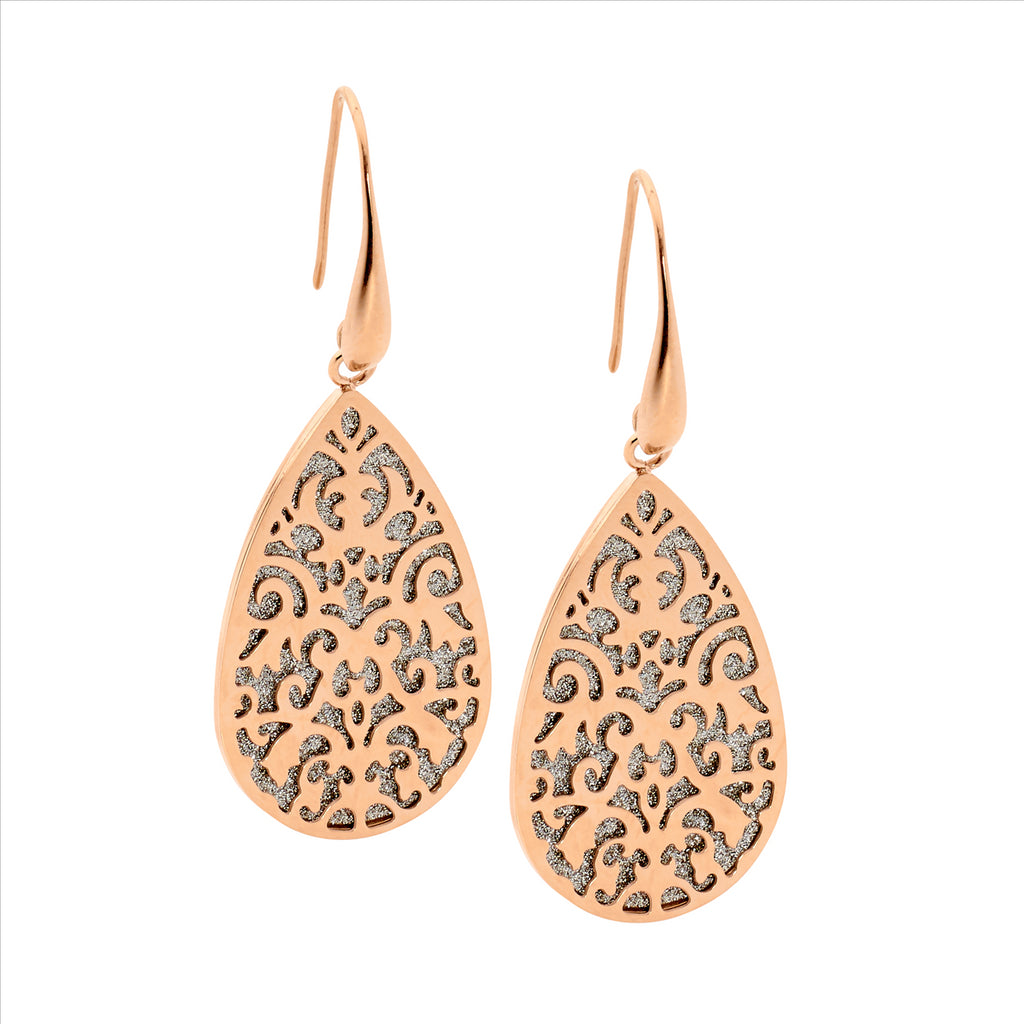 Ellani Rose Gold Plated Filigree Tear Drop Earrings With Shimmer Back