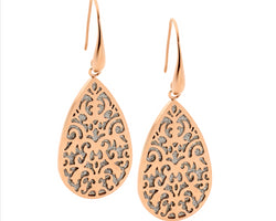 Ellani Rose Gold Plated Filigree Tear Drop Earrings With Shimmer Back