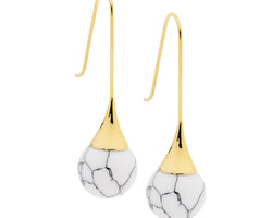 Yellow Gold Plated Howlite Ball Drop Earrings