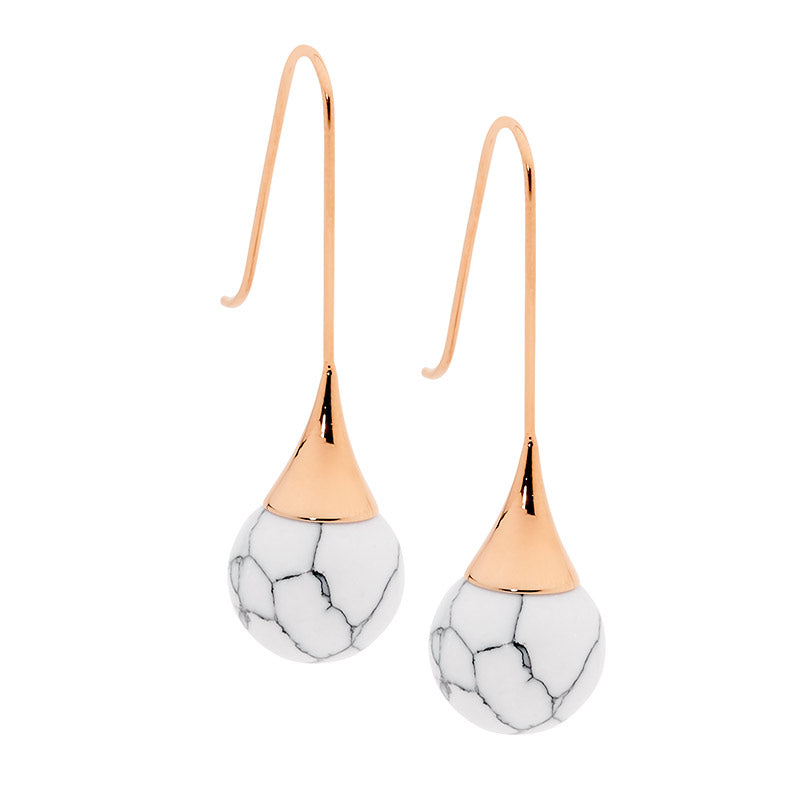 Ellani Rose Gold Plated Long Drop Earrings With Howlite Ball