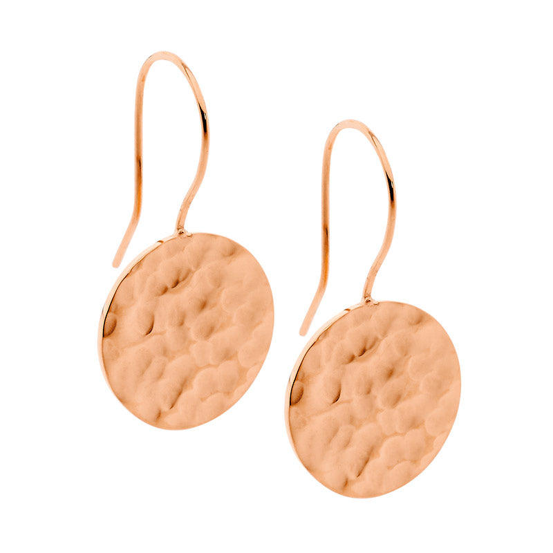 Rose Gold Hammered Effect Circle Drop Earrings