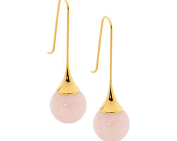 Ellani Yellow Gold Plated Long Drop Earrings With Rose Quartz Ball