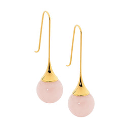 Ellani Yellow Gold Plated Long Drop Earrings With Rose Quartz Ball