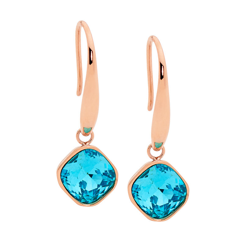 Ellani Mint Glass Square Drop Earrings With Rose Gold Plating