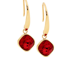 Ellani Red Glass Square Drop Earrings With Yellow Gold Plating