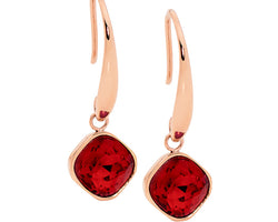 Ellani Red Glass Square Drop Earrings With Rose Gold Plating