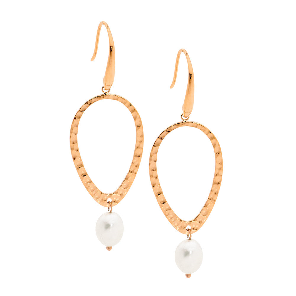 Ellani Rose Gold Plated Hammered Teardrop Earring With Freshwater Pearl
