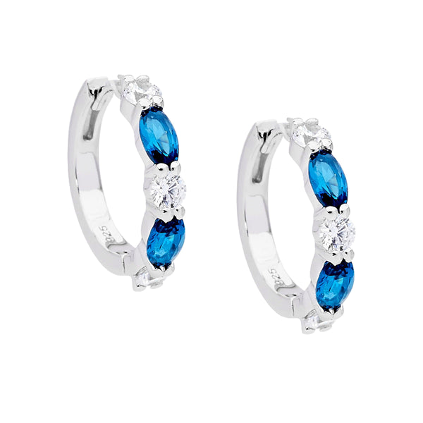 Ellani Silver Hoop Earrings With White & London Blue Cz