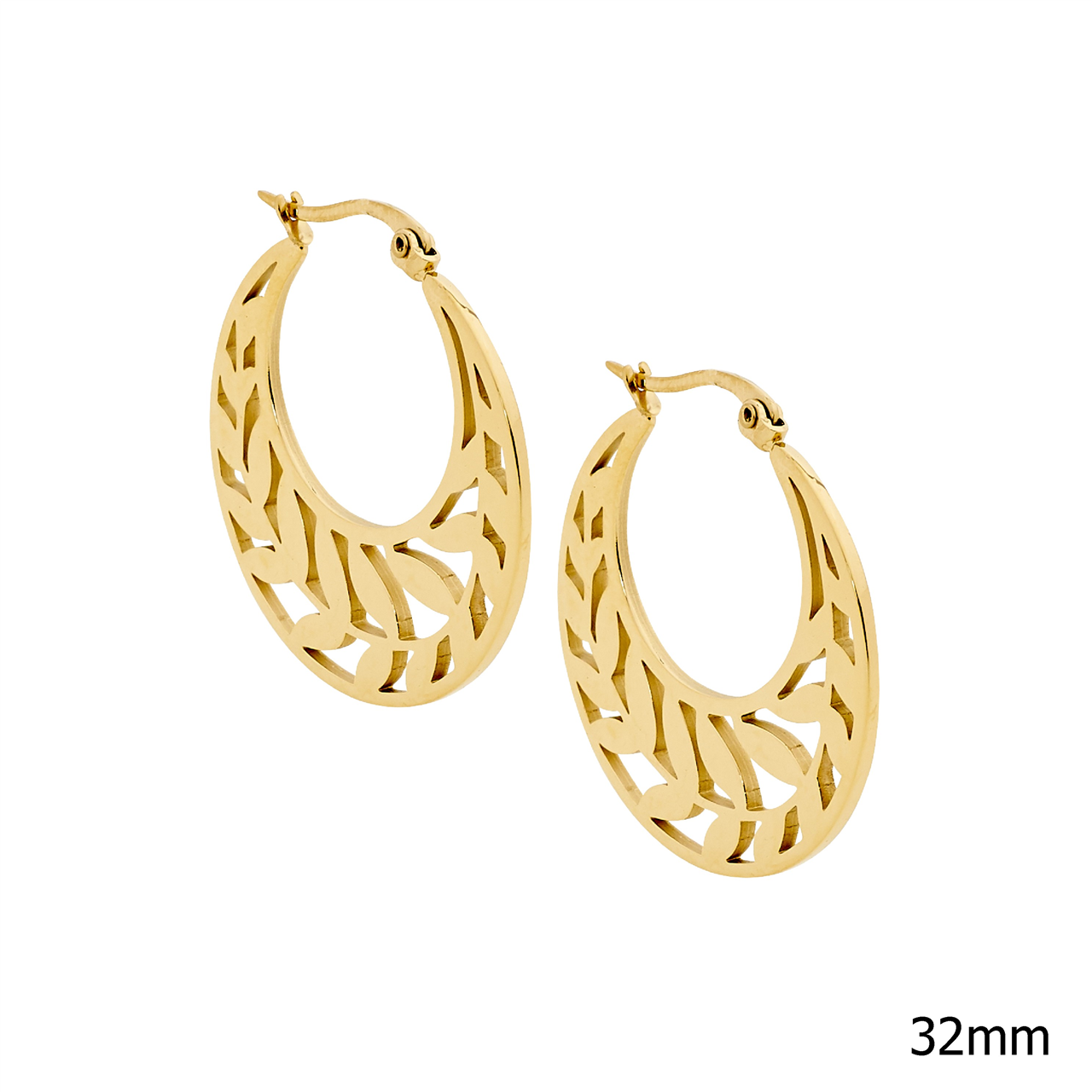 Ellani Yellow Gold Plated Hoop Earrings With Leaf Feature