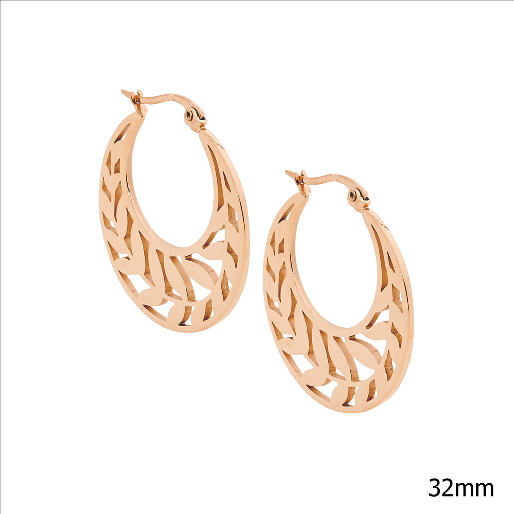 Ellani Rose Gold Plated Hoop Earrings With Leaf Feature