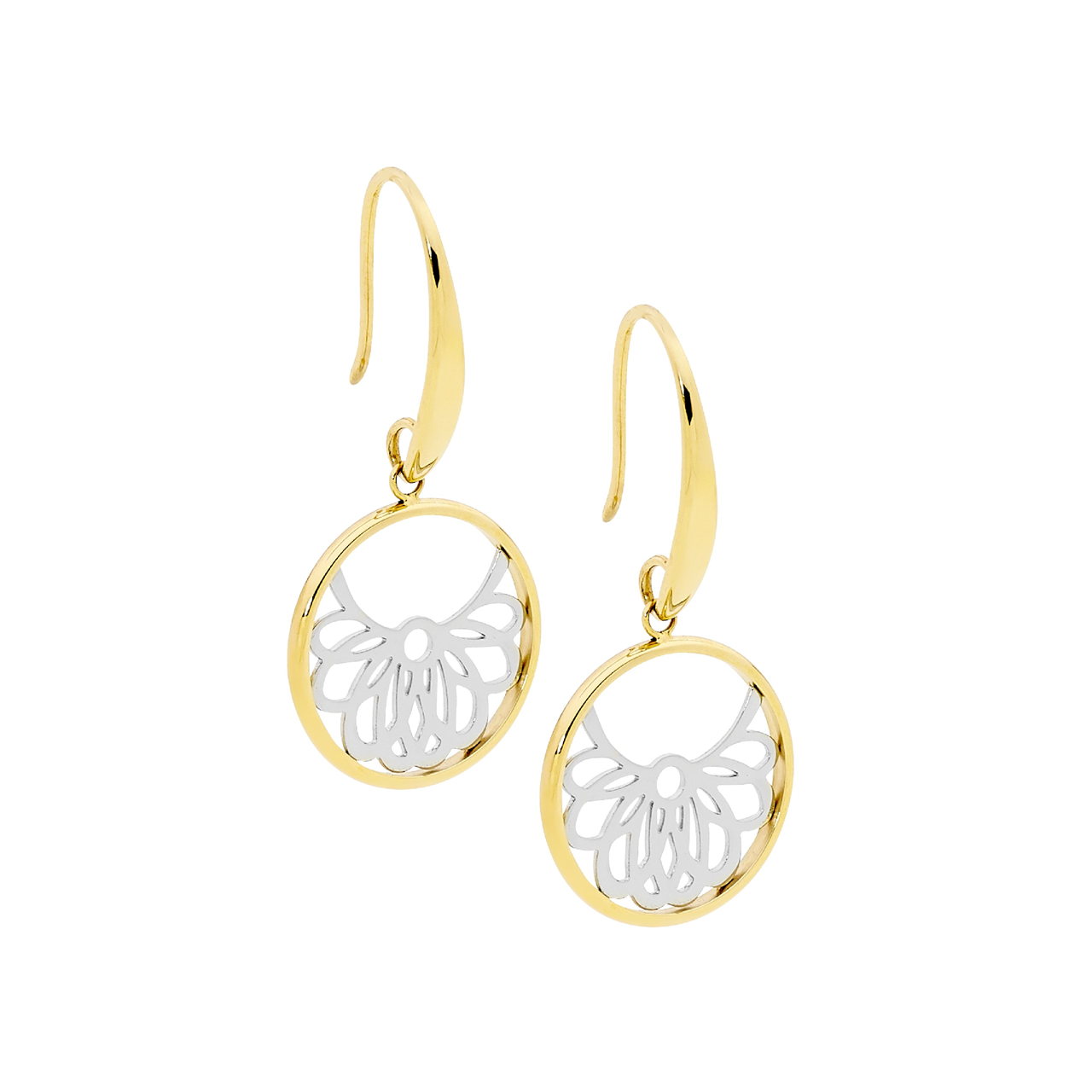Ellani Stainless Steel & Gold Plated Circle Drop Earrings With Filigree Detail