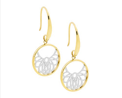Ellani Stainless Steel & Gold Plated Circle Drop Earrings With Filigree Detail