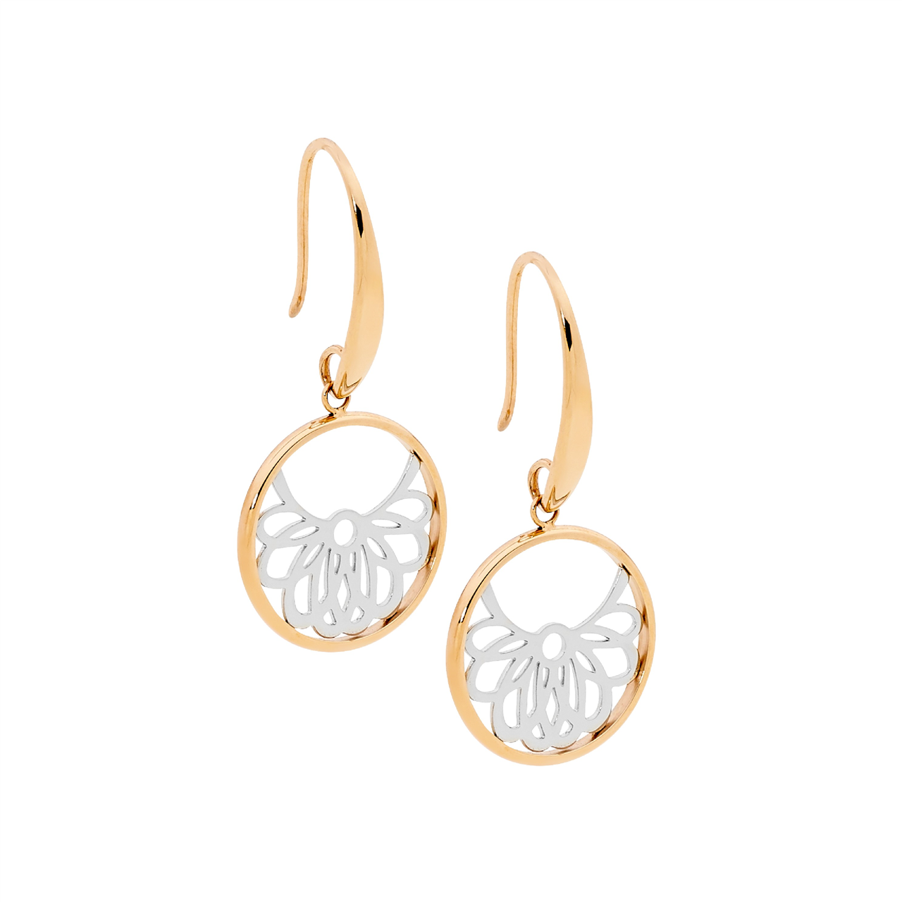 Ellani Stainless Steel & Rose Gold Plated Circle Drop Earrings With Filigree Detail