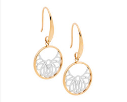 Ellani Stainless Steel & Rose Gold Plated Circle Drop Earrings With Filigree Detail