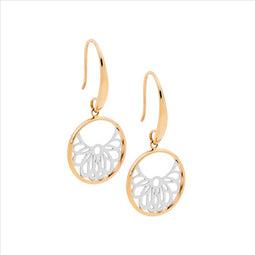 Ellani Stainless Steel & Rose Gold Plated Circle Drop Earrings With Filigree Detail