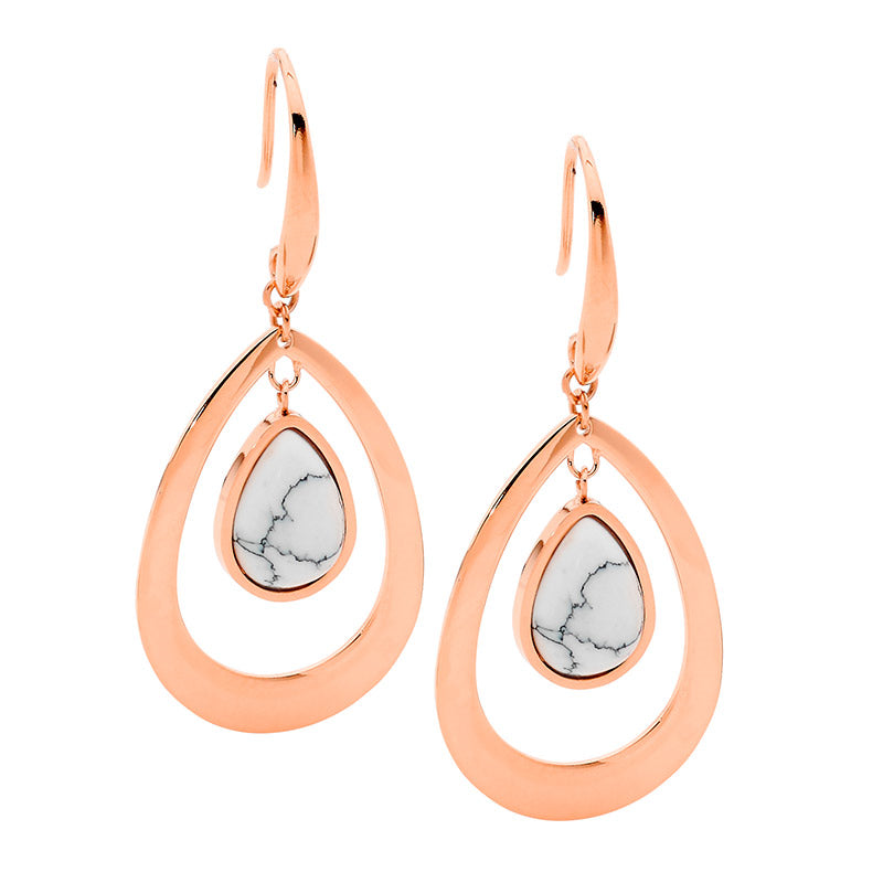 Ellani Stainless Steel And Rose Gold Plated Earrings With Howlite
