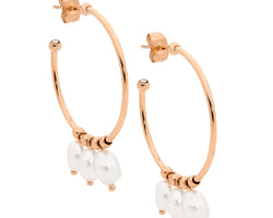 Ellani Stainless Steel And Rose Gold Plated Hoop Earrings With Freshwater Pearls
